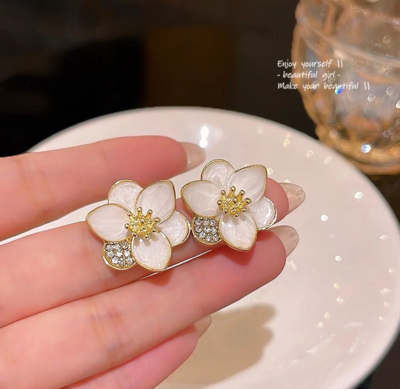 Enamel Flower Studs with Rhinestones - KE234