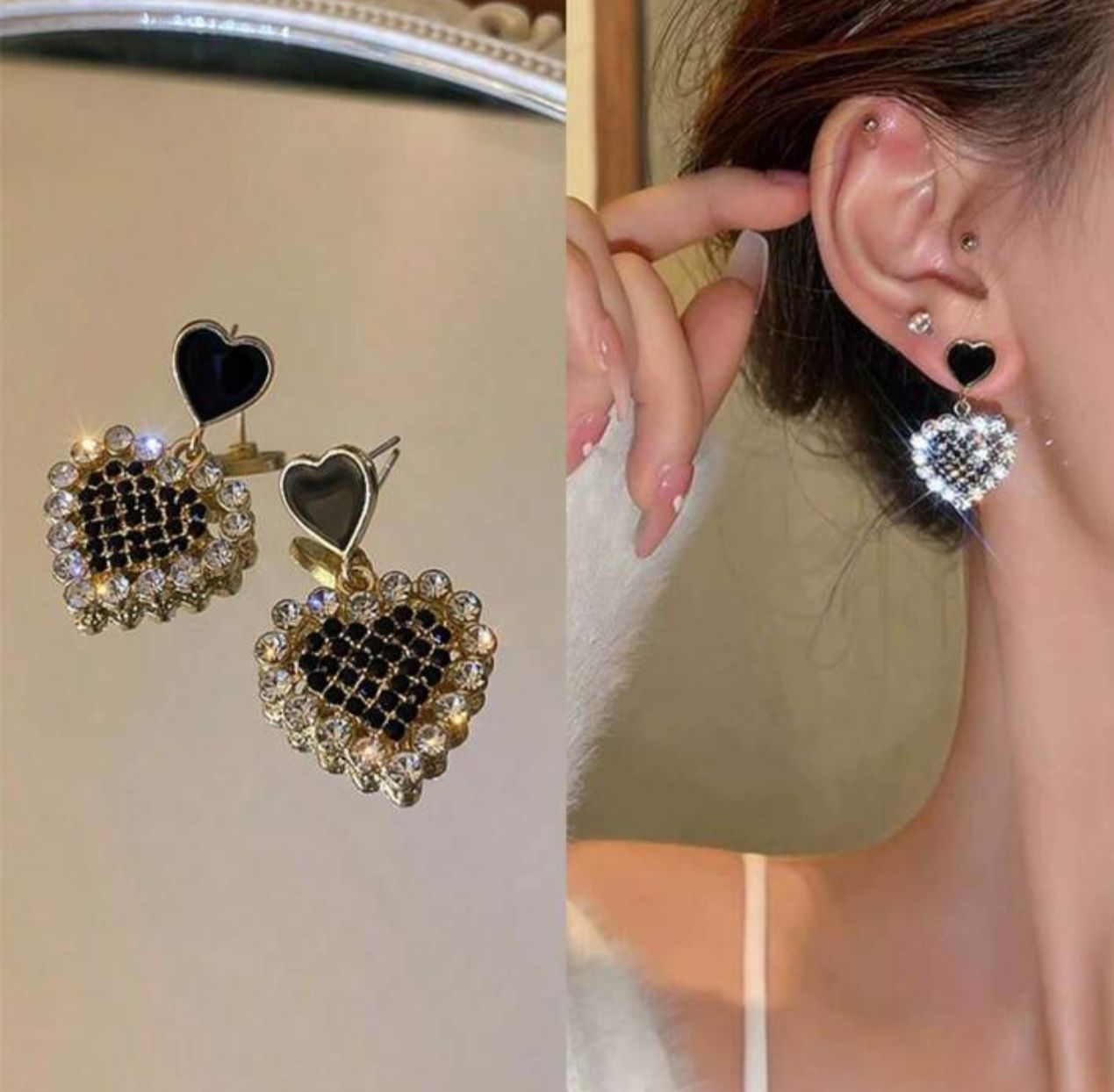 Dazzling Black Heart Earrings - KE237