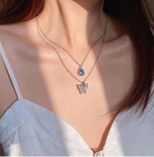 Dual Chain Butterfly & Blue Stone Necklace - KE238