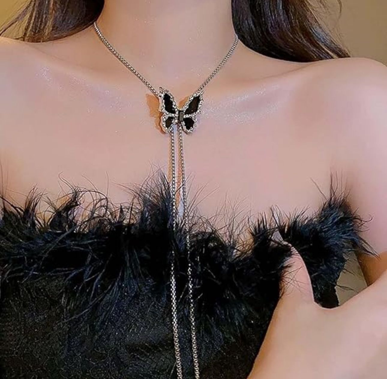 Adjustable Black Long Chain Necklace - KE243