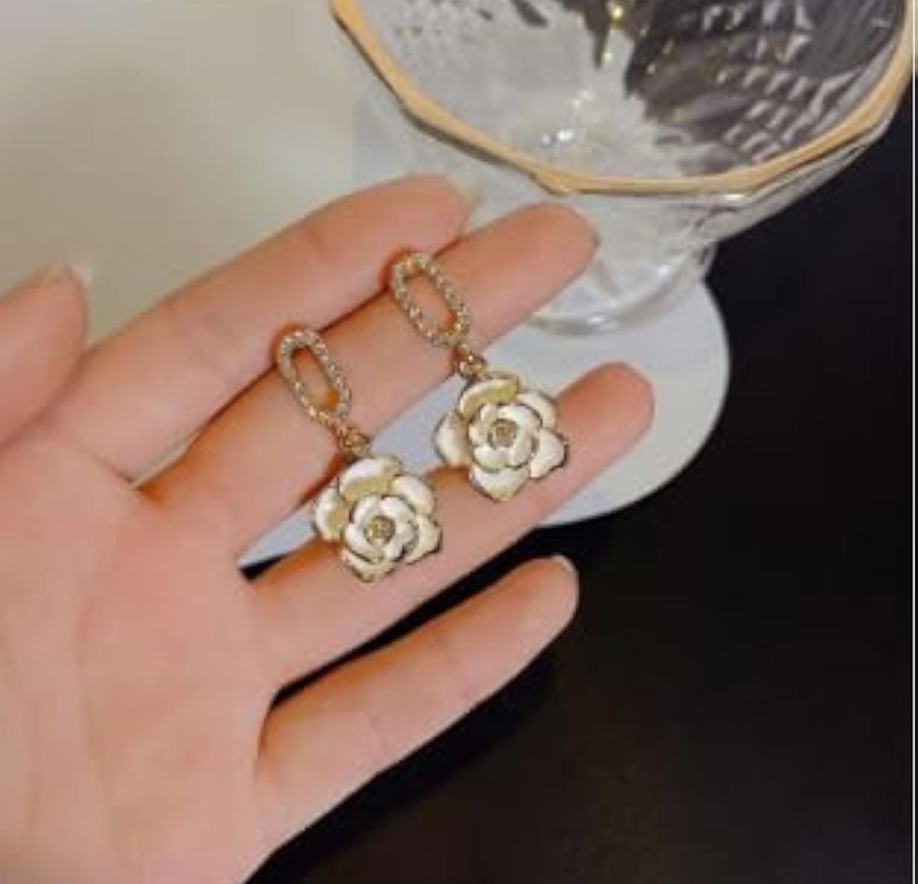 White Camelia Flower Drop Earrings - KE245