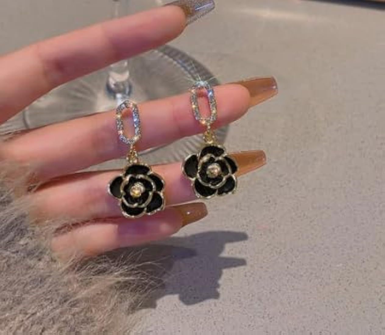 Black Camelia Flower Drop Earrings - KE246