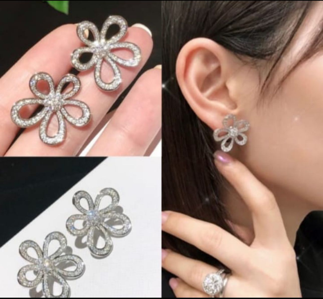 Rhinestone Floral Korean Earrings - KE254