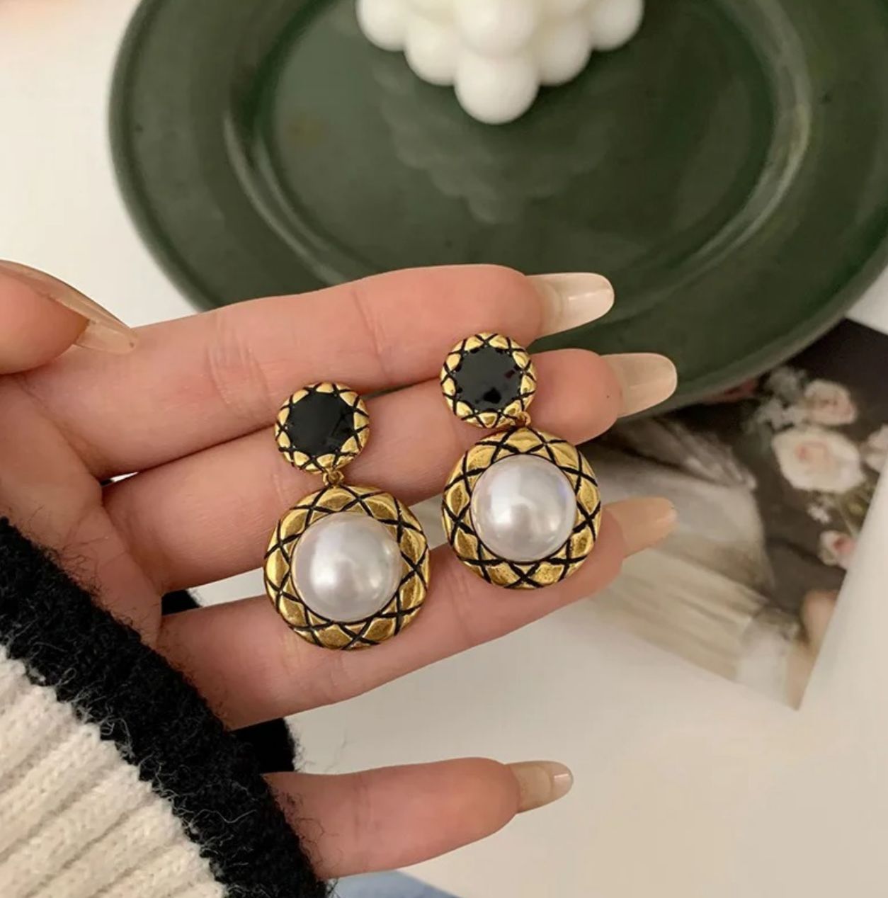 Textured Round Pearl Drop Korean Earrings - KE262