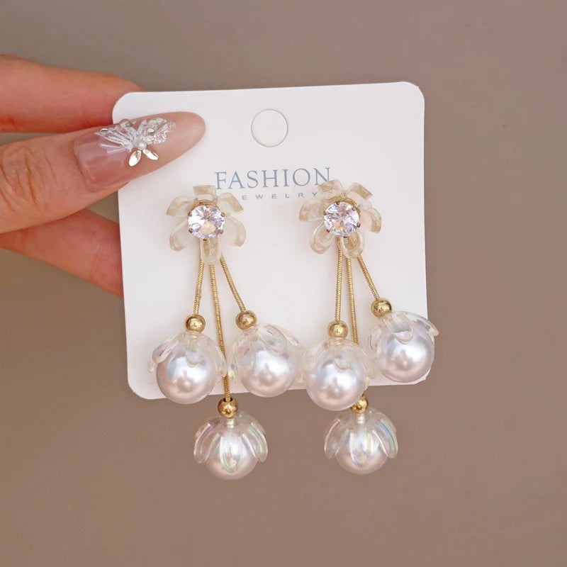 Exaggerated Pearl Flower Tassel Korean Earrings - KE537
