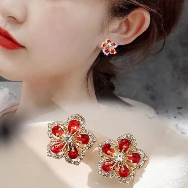 Flower Zircon Korean Earrings - Red - KE538