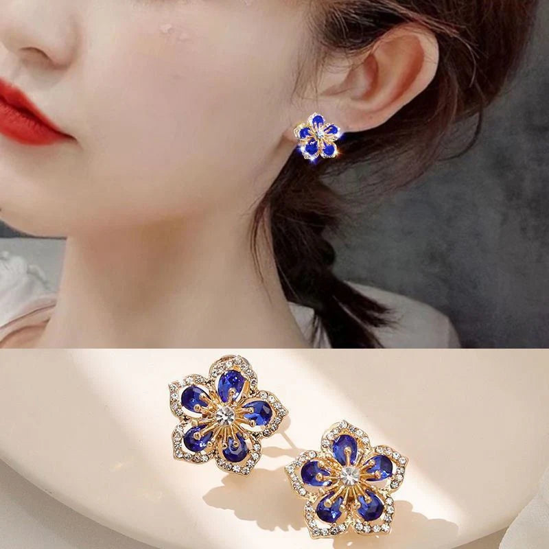 Flower Zircon Korean Earrings - Blue - KE539