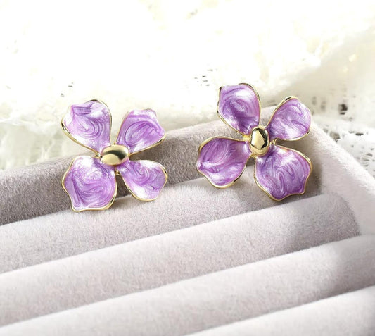 Lavender Enamel Floral Korean Studs - KE298