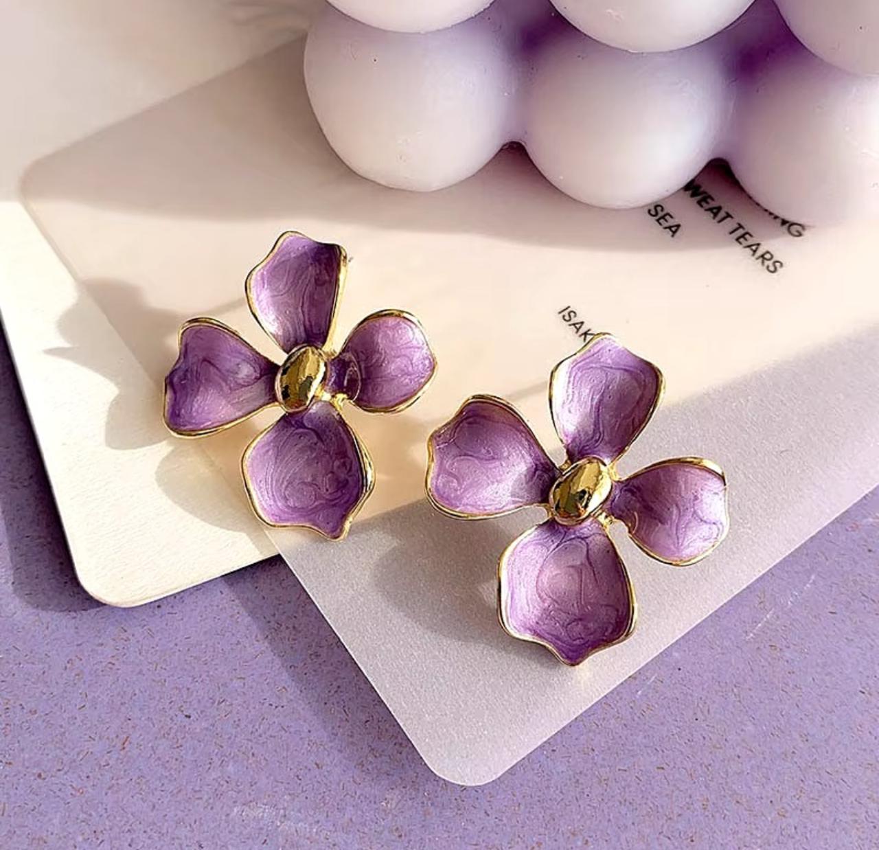 Lavender Enamel Floral Korean Studs - KE298