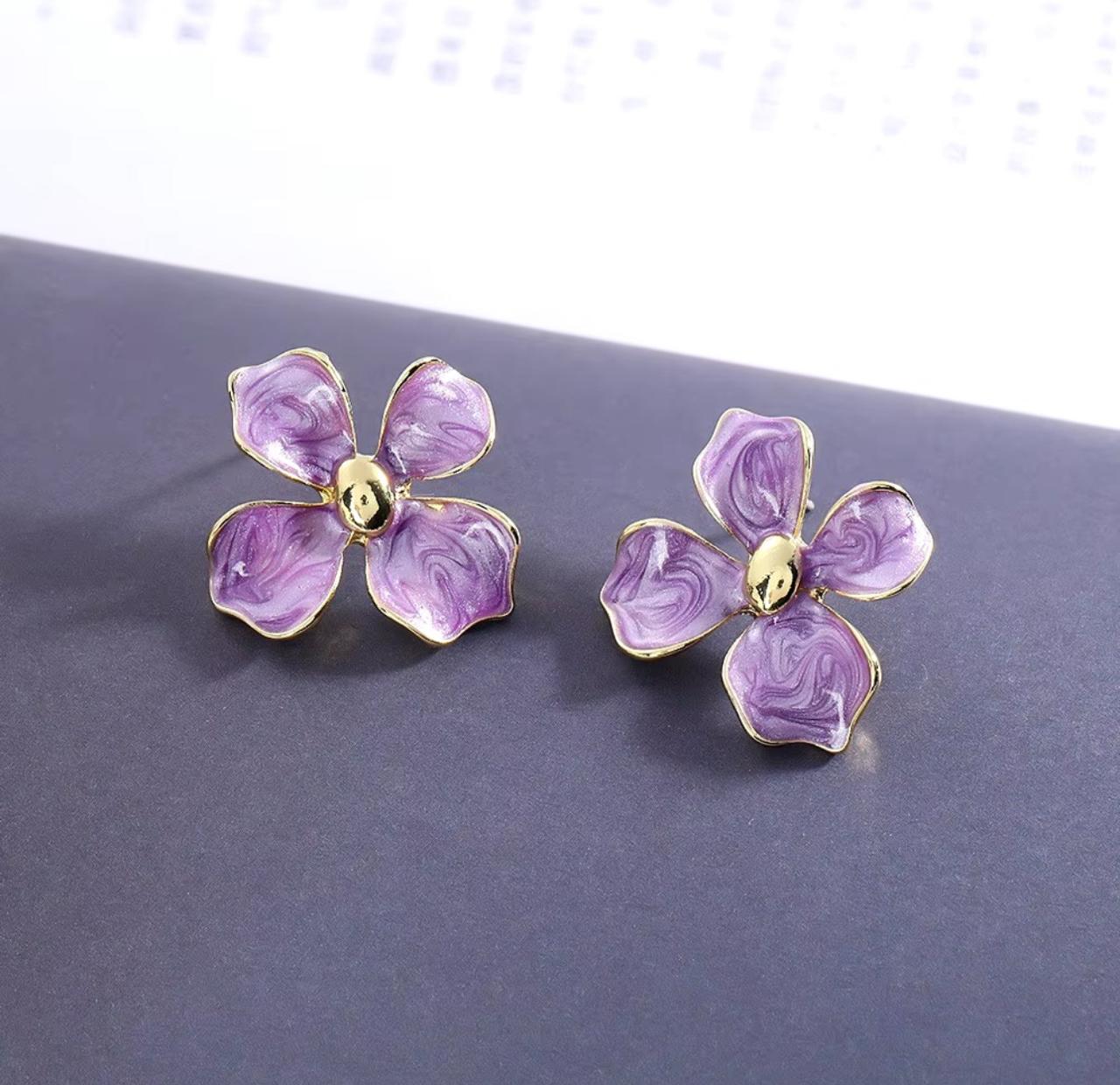 Lavender Enamel Floral Korean Studs - KE298