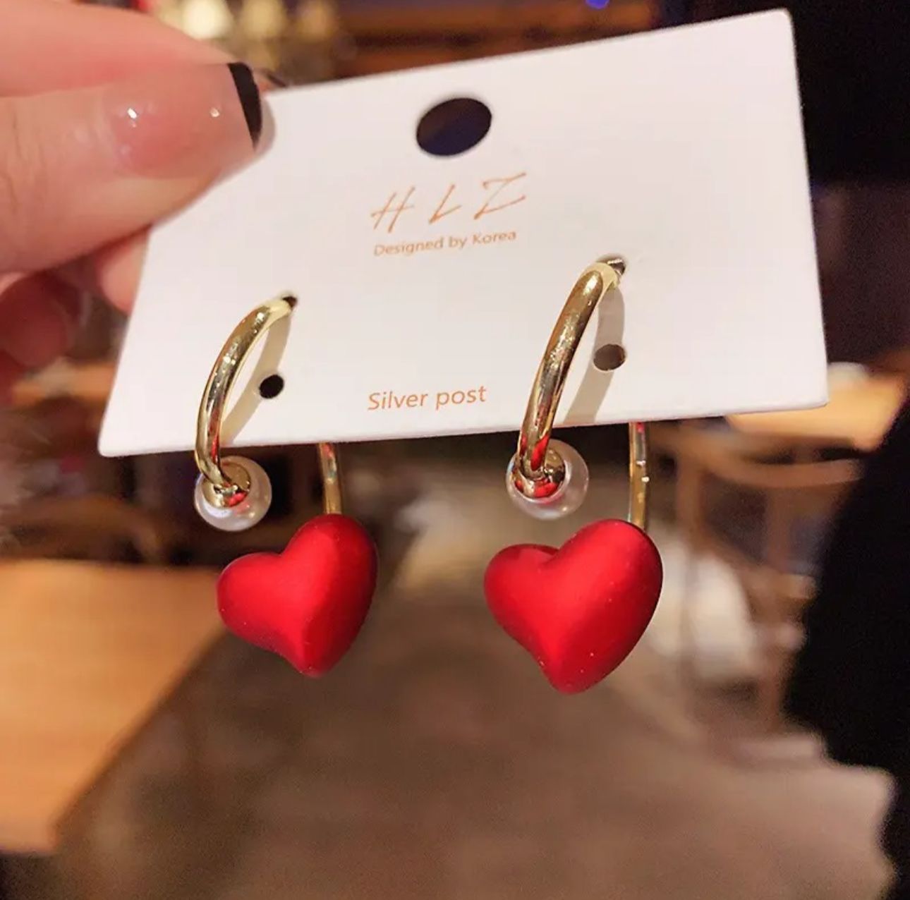 French Style Red Pearl Heart Earrings - KE302