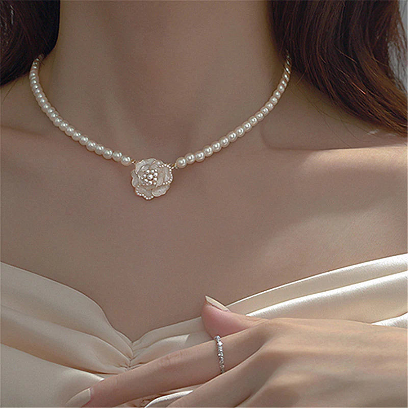 Camellia Korean Style pearl Necklace - White  - KE543