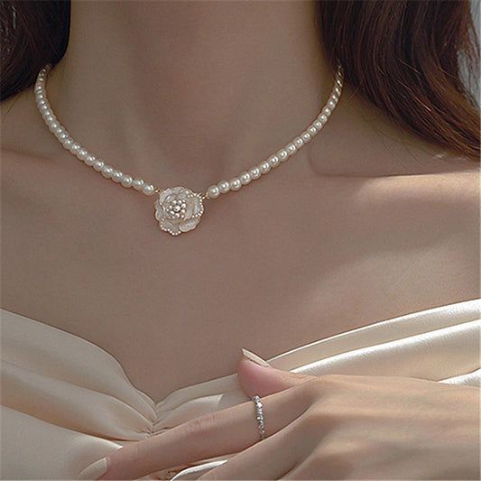 Camellia Korean Style pearl Necklace - White  - KE543