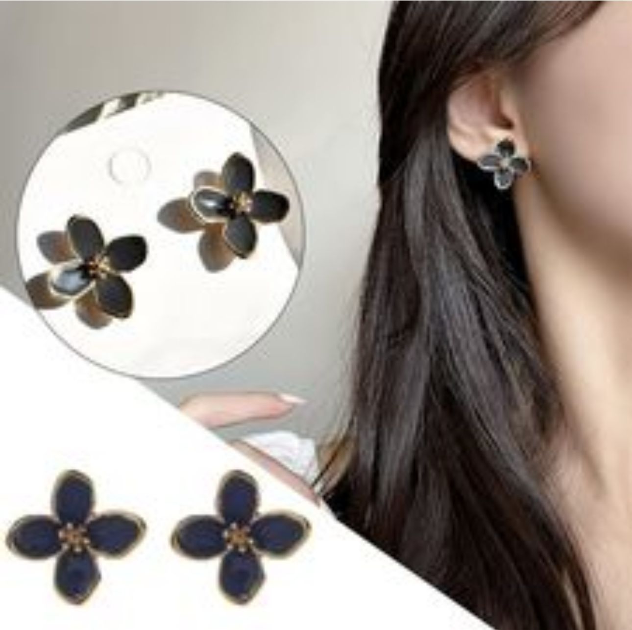 Black Floral Korean Earrings - KE312