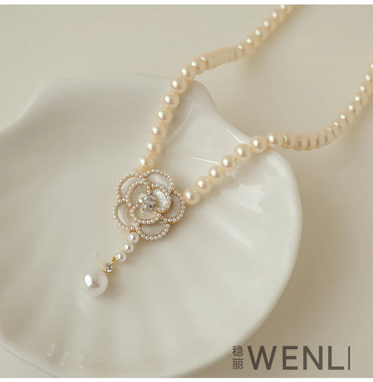 Camellia Pearl Korean Style Necklace - White - KE541