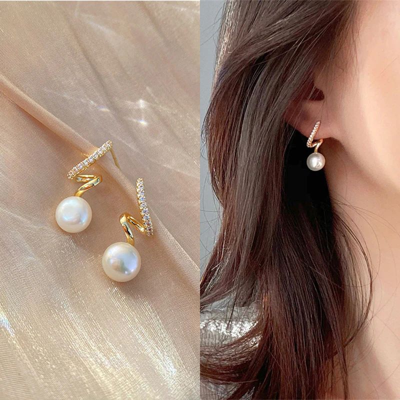 Twisted diamond pearl Korean earrings - KE324