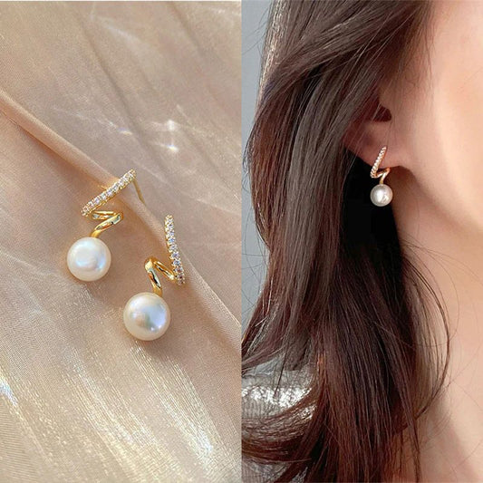 Twisted diamond pearl Korean earrings - KE324