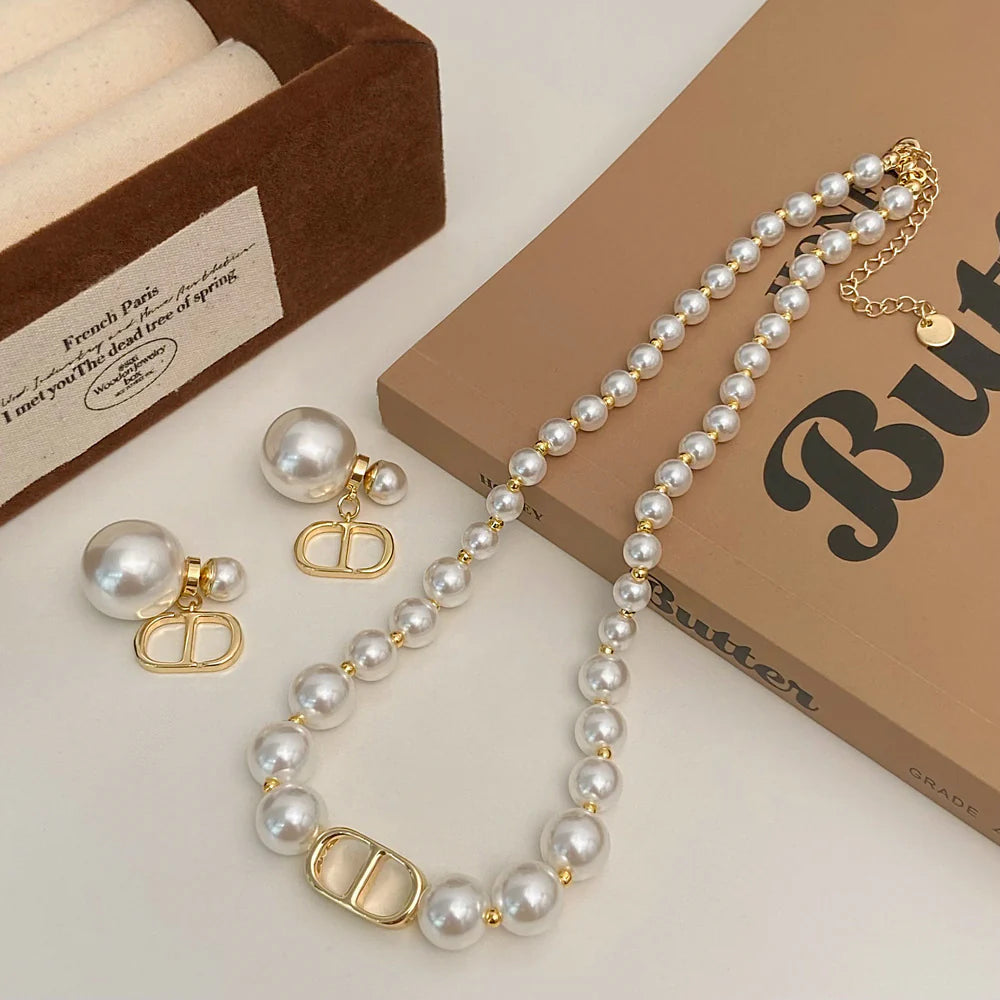 Hot selling Pearl Korean Style Earring and Necklace Set - KE545