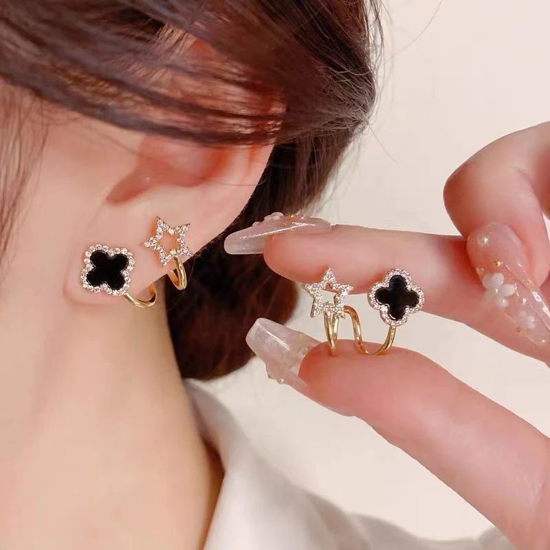 Four-leaf Flower and Star Earring - Black - KE335
