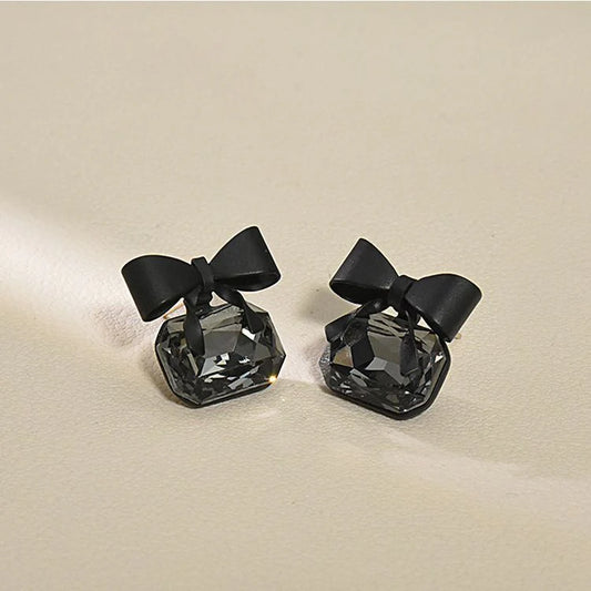 Korean black bow crystal earrings - KE368