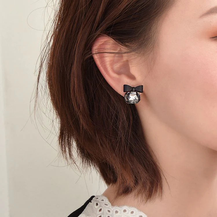 Korean black bow crystal earrings - KE368