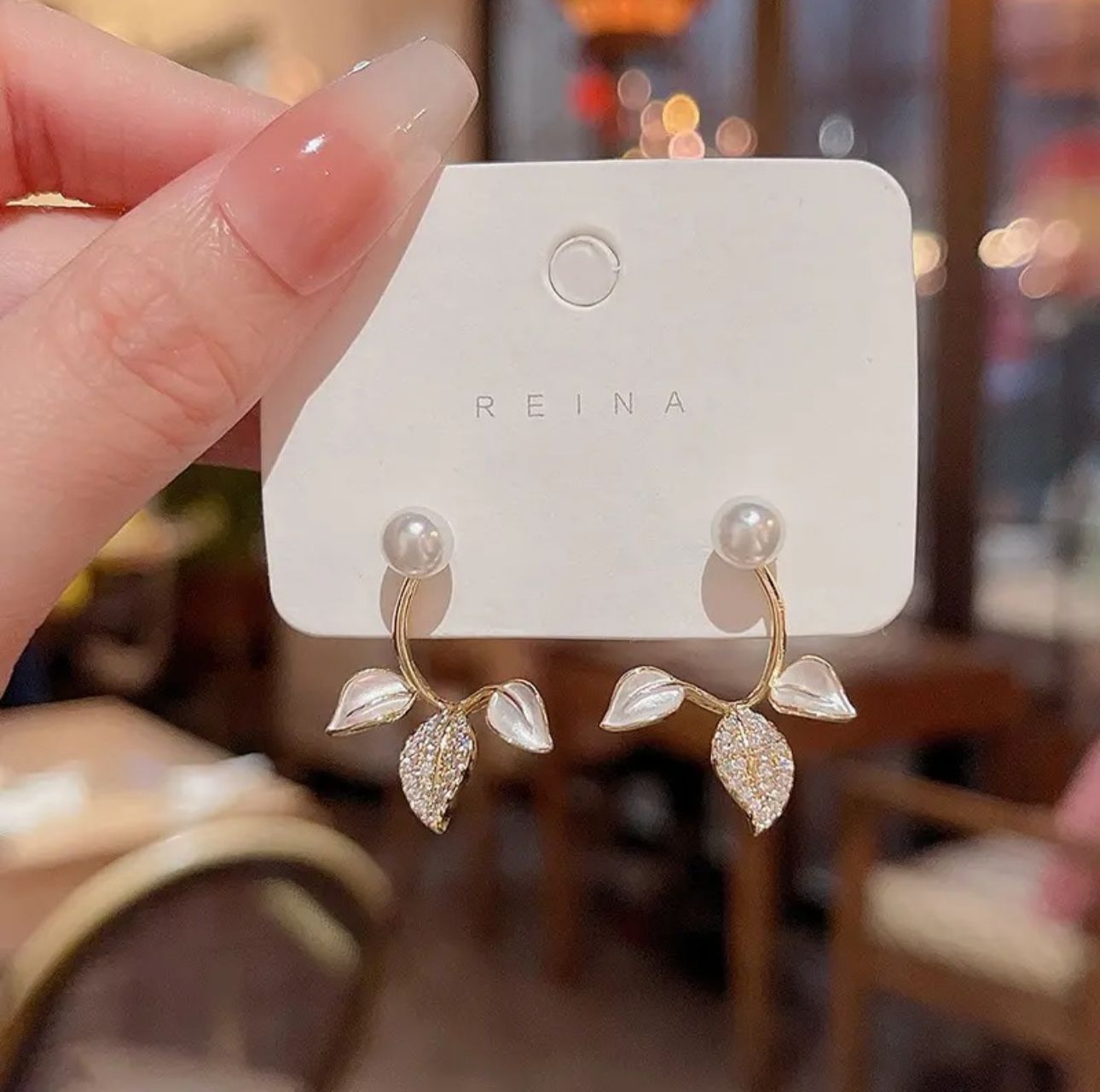 Leaves Pearl Korean Earrings - KE372