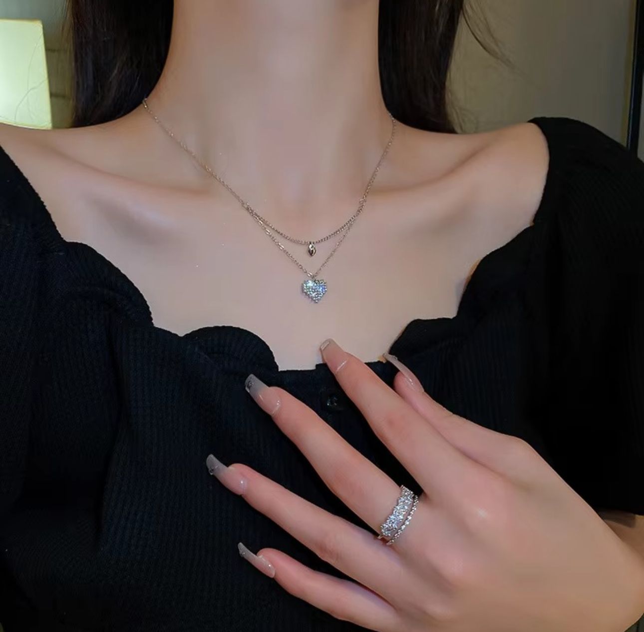 Double Layer Delicate Heart Necklace - KE378