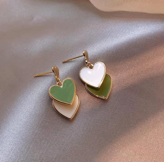 Triple Heart Enamel Green Tone Korean earrings - KE383