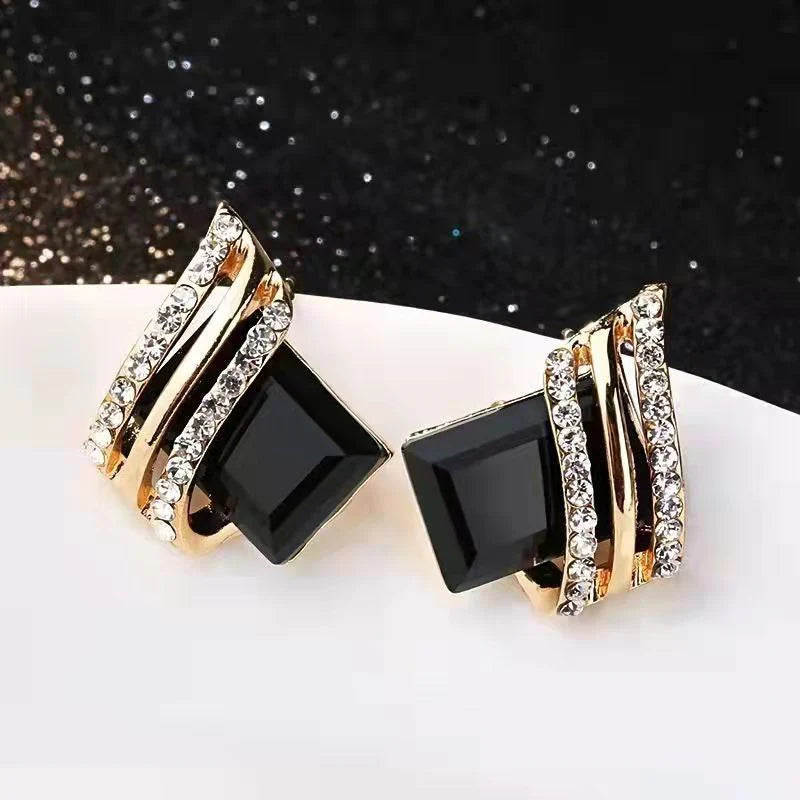 Crystal Rhombus Wings Diamond Earrings - Black - KE515