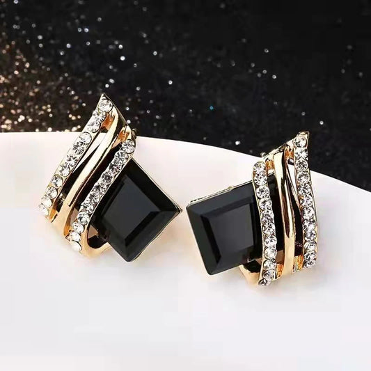 Crystal Rhombus Wings Diamond Earrings - Black - KE515