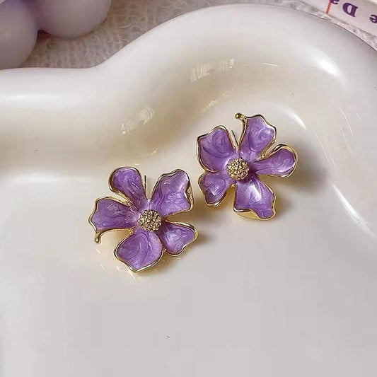 French Retro Purple Flower Earring Vintage Drop Oil Earrings Light Luxury Stud Earrings - KE409 - Sai Harshith's Trendy Collections