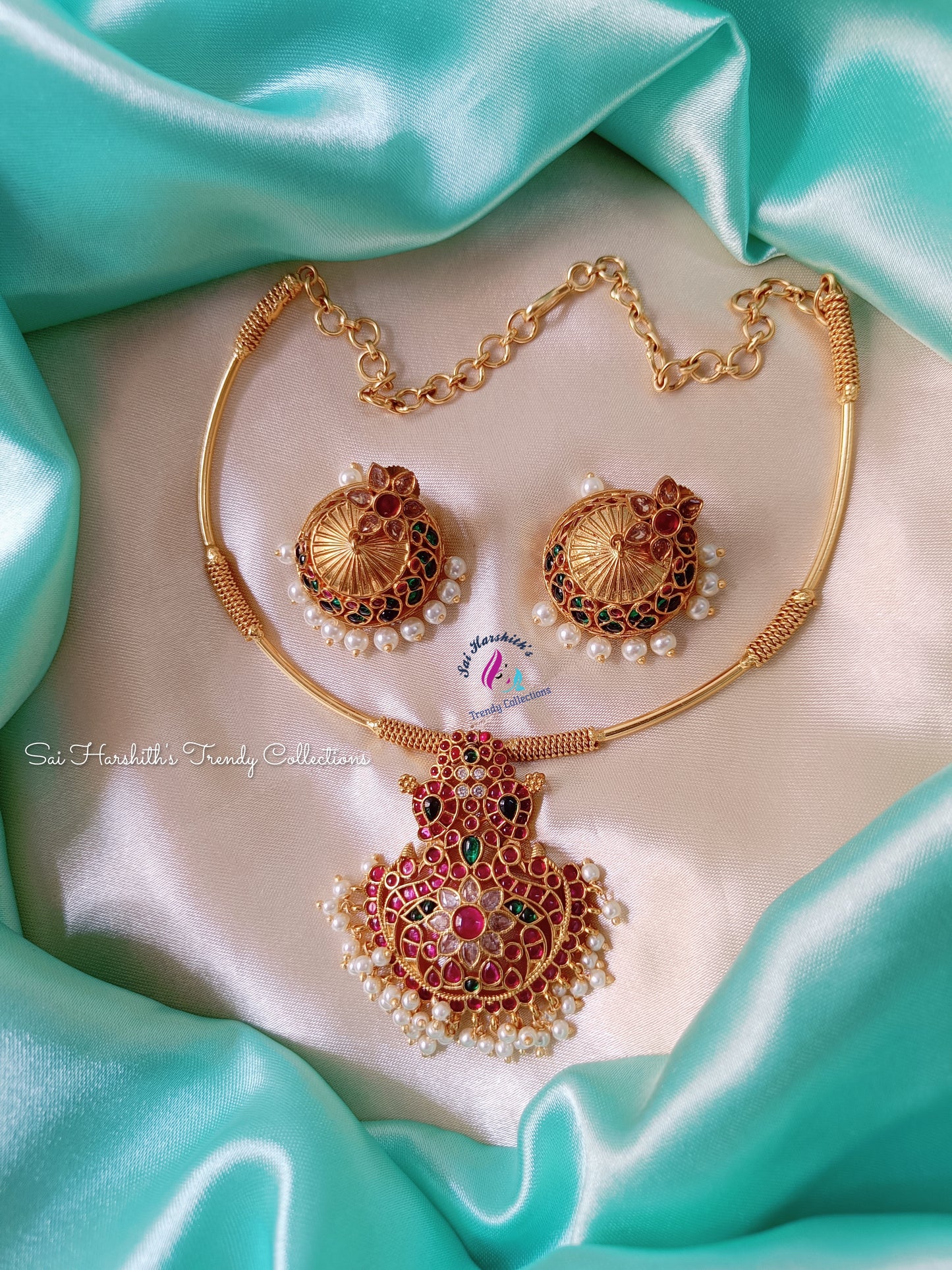 Kempu Piped Necklace with Jumkas- SHTC412