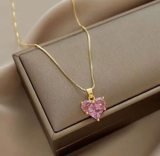 Pink Crystal Pendant Four-Side Phase Chain with Earrings - KE451
