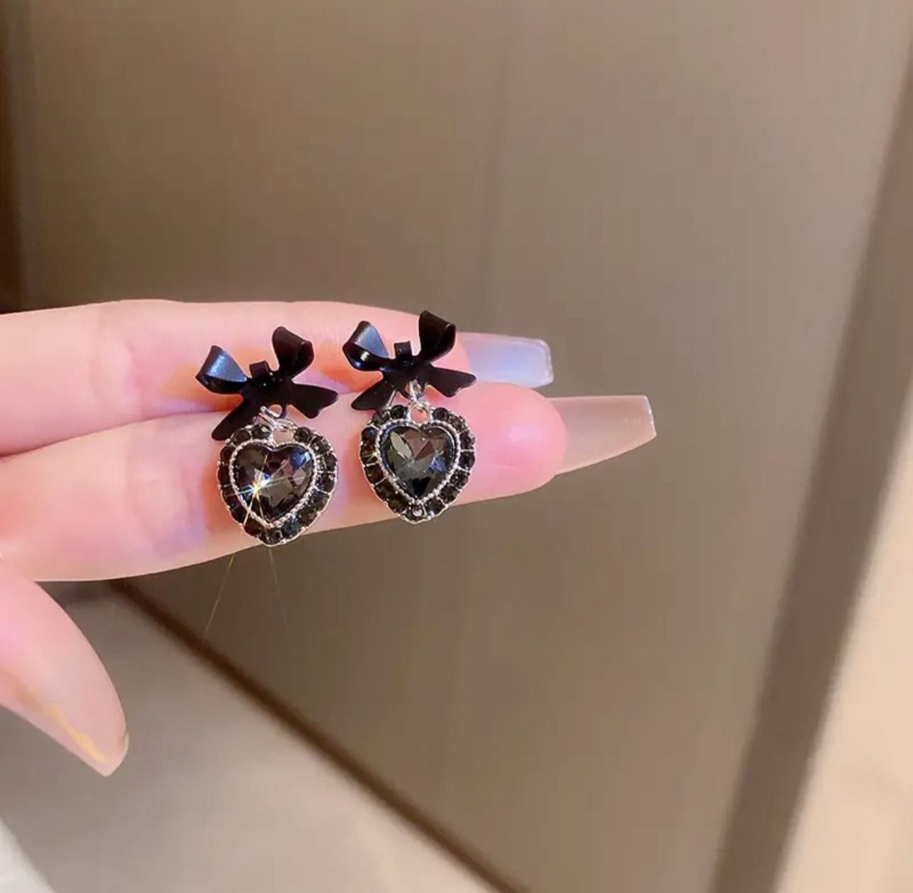 Black Stones Bowknot Heart Drop Korean Earrings - KE452