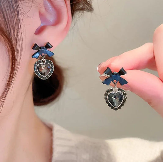 Black Stones Bowknot Heart Drop Korean Earrings - KE452