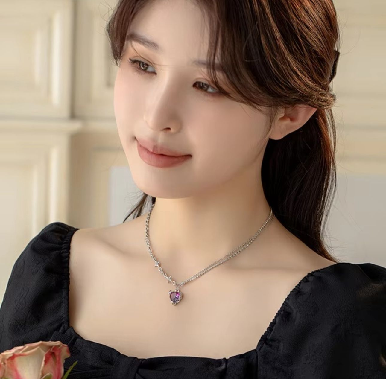 Crystal Heart Y2K Asymmetric Chain Necklace - KE454