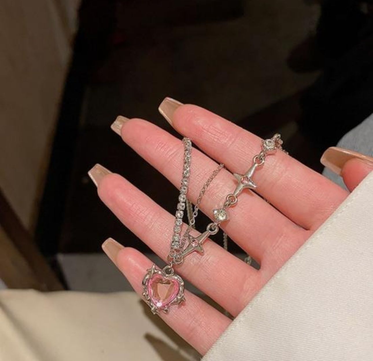 Crystal Heart Y2K Asymmetric Chain Necklace - KE454