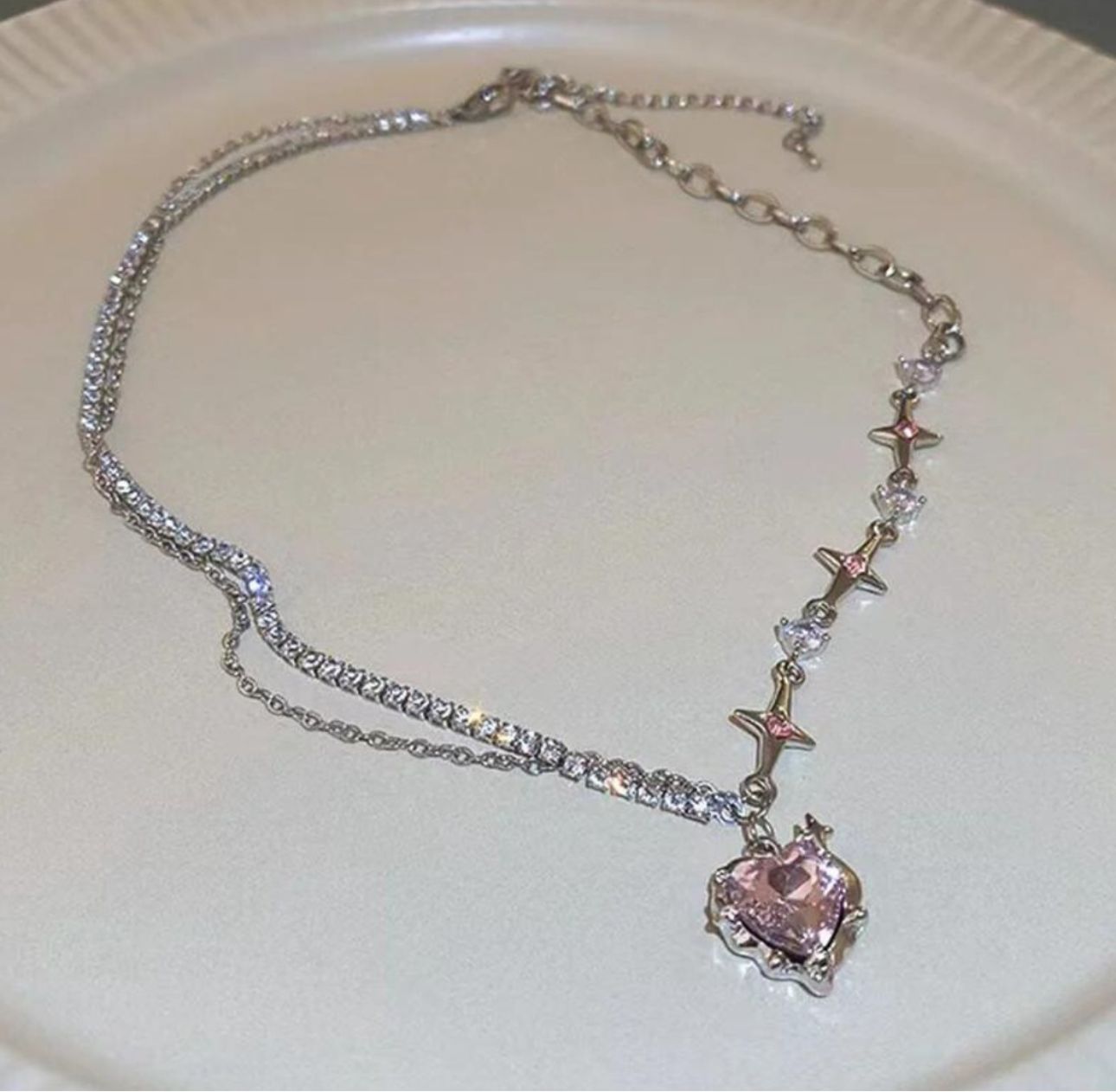 Crystal Heart Y2K Asymmetric Chain Necklace - KE454