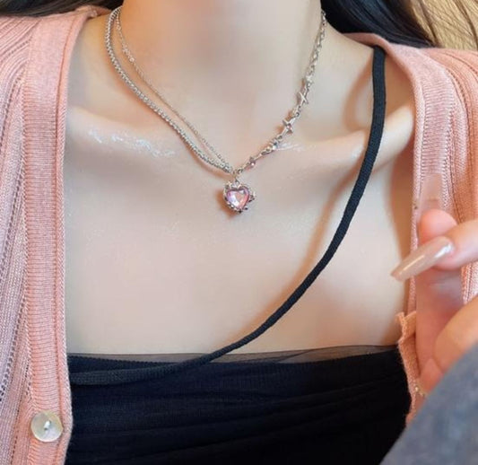 Crystal Heart Y2K Asymmetric Chain Necklace - KE454