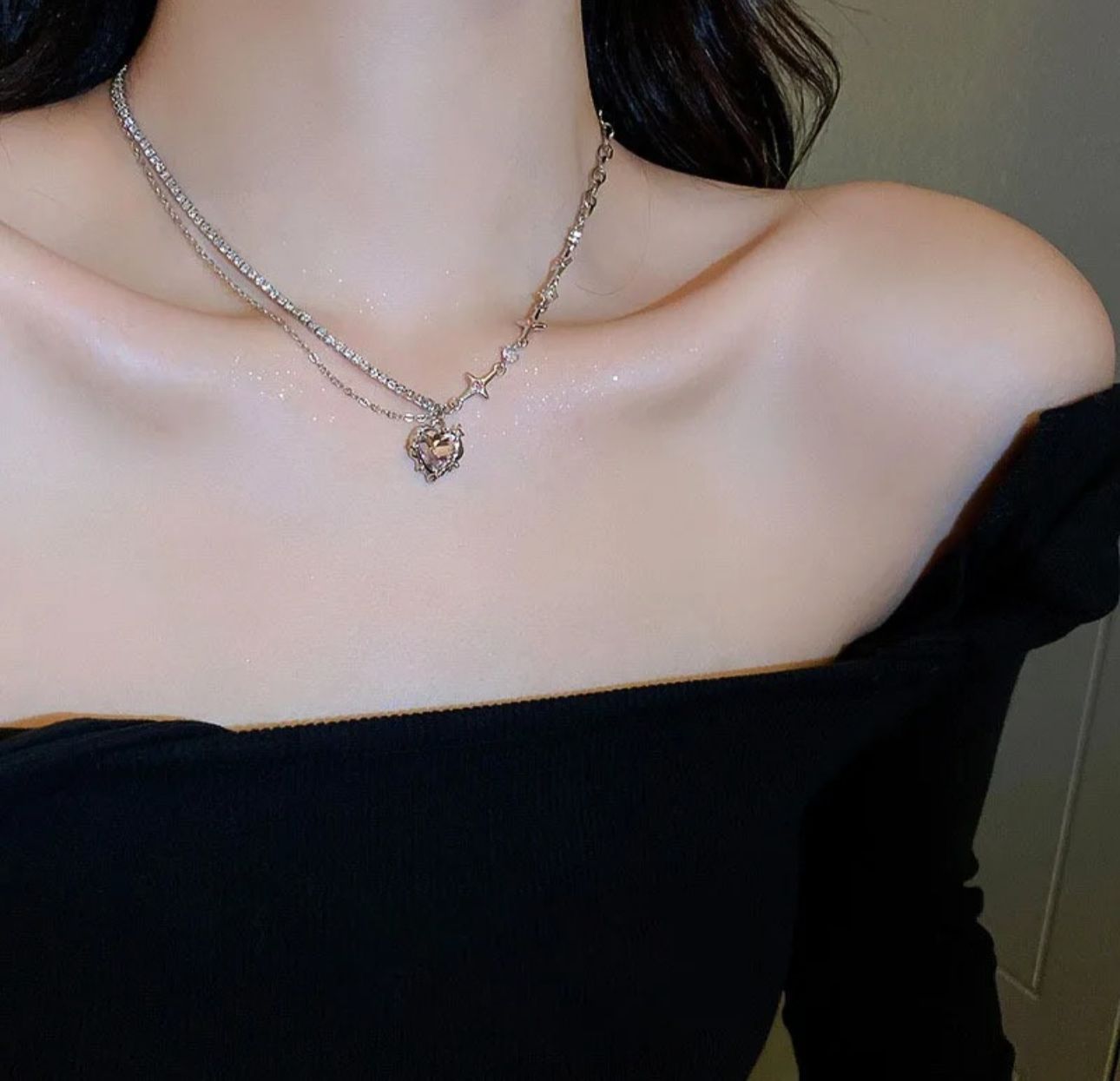 Crystal Heart Y2K Asymmetric Chain Necklace - KE454