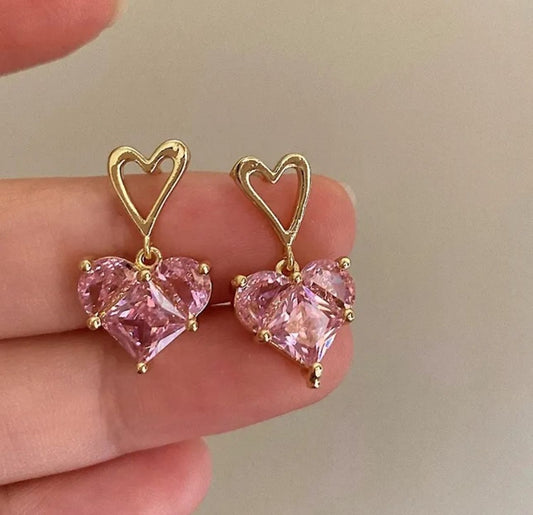 Pink Heart Crystal Drop Korean Earrings - KE456