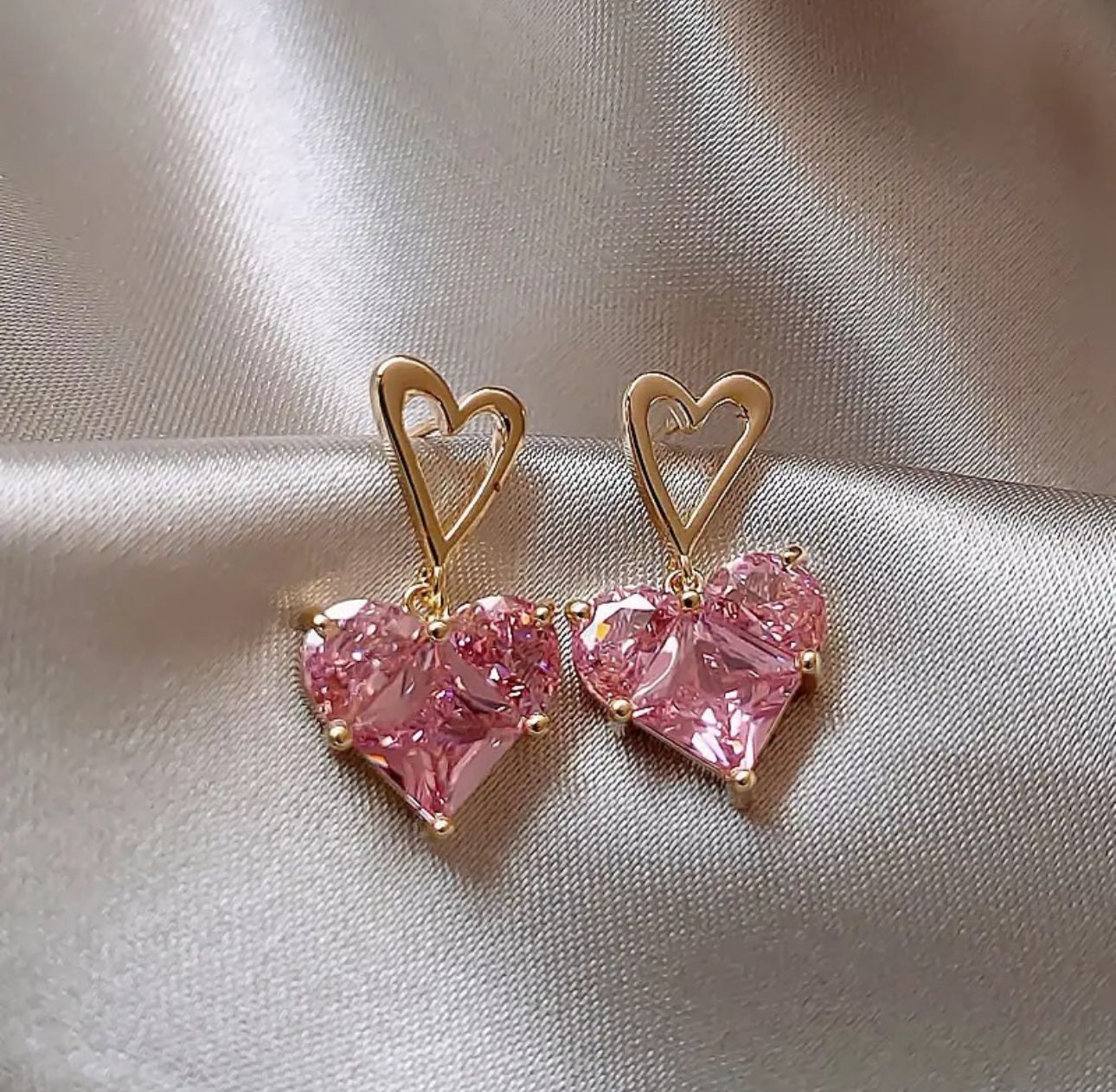 Pink Heart Crystal Drop Korean Earrings - KE456