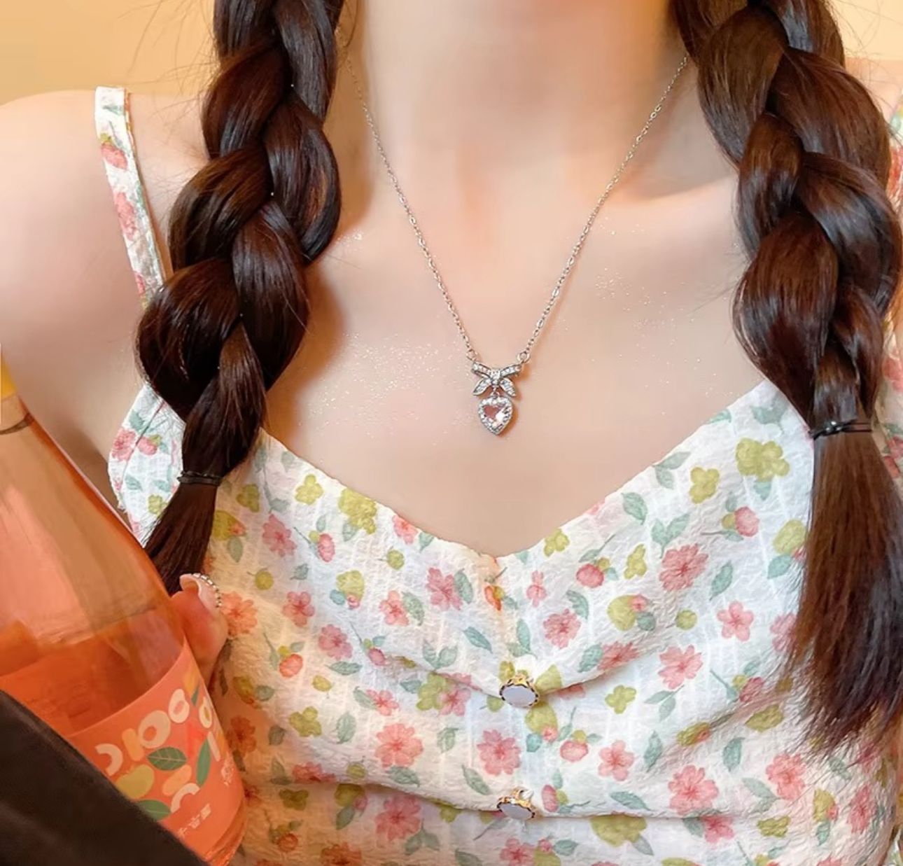 Pink Heart Bow know Korean Necklace - KE457
