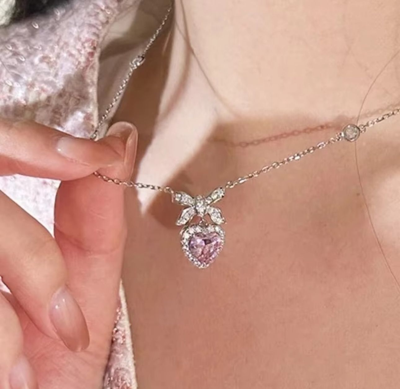 Pink Heart Bow know Korean Necklace - KE457