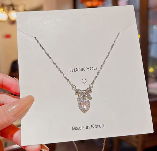 Pink Heart Bow know Korean Necklace - KE457