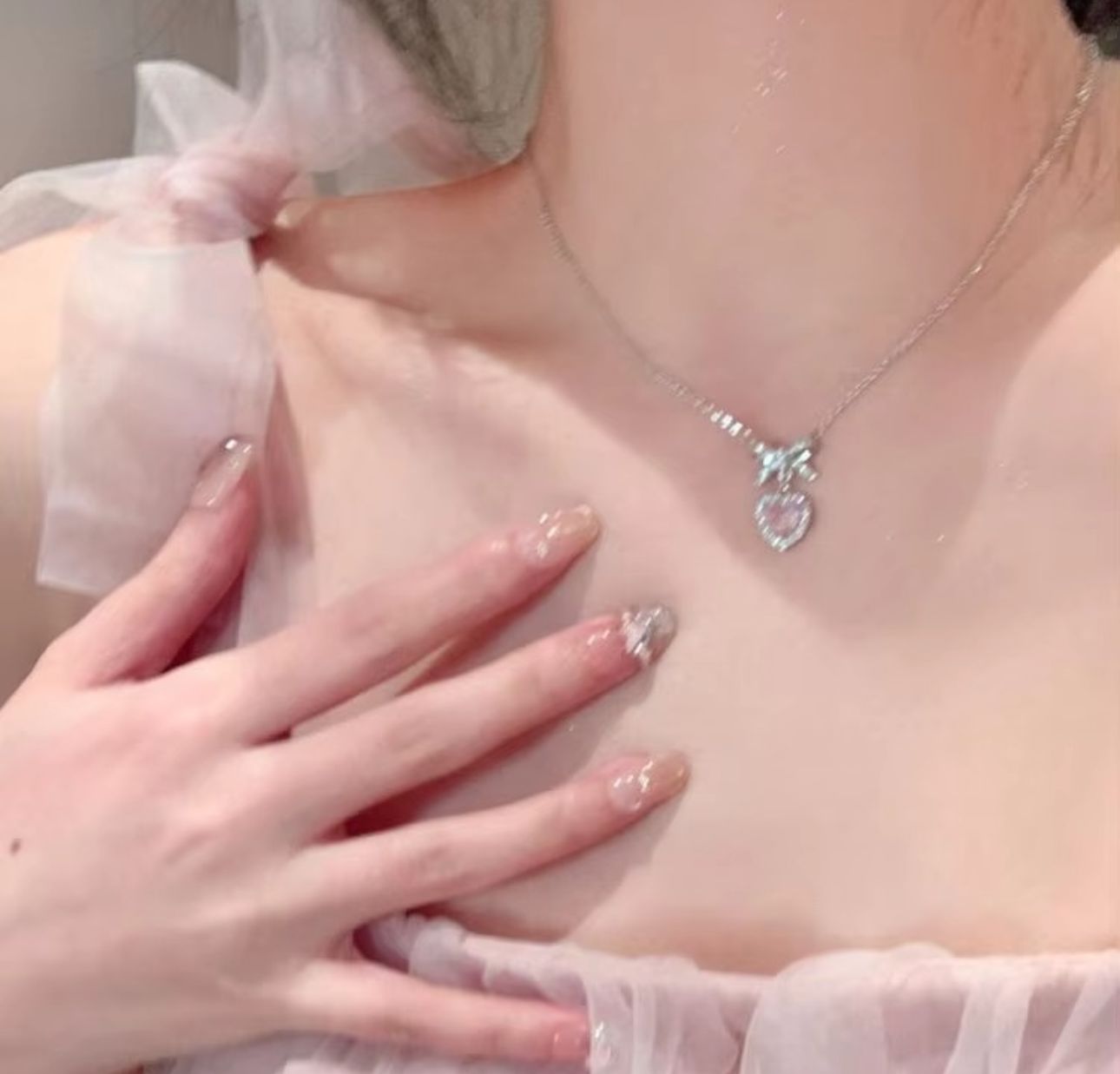 Pink Heart Bow know Korean Necklace - KE457