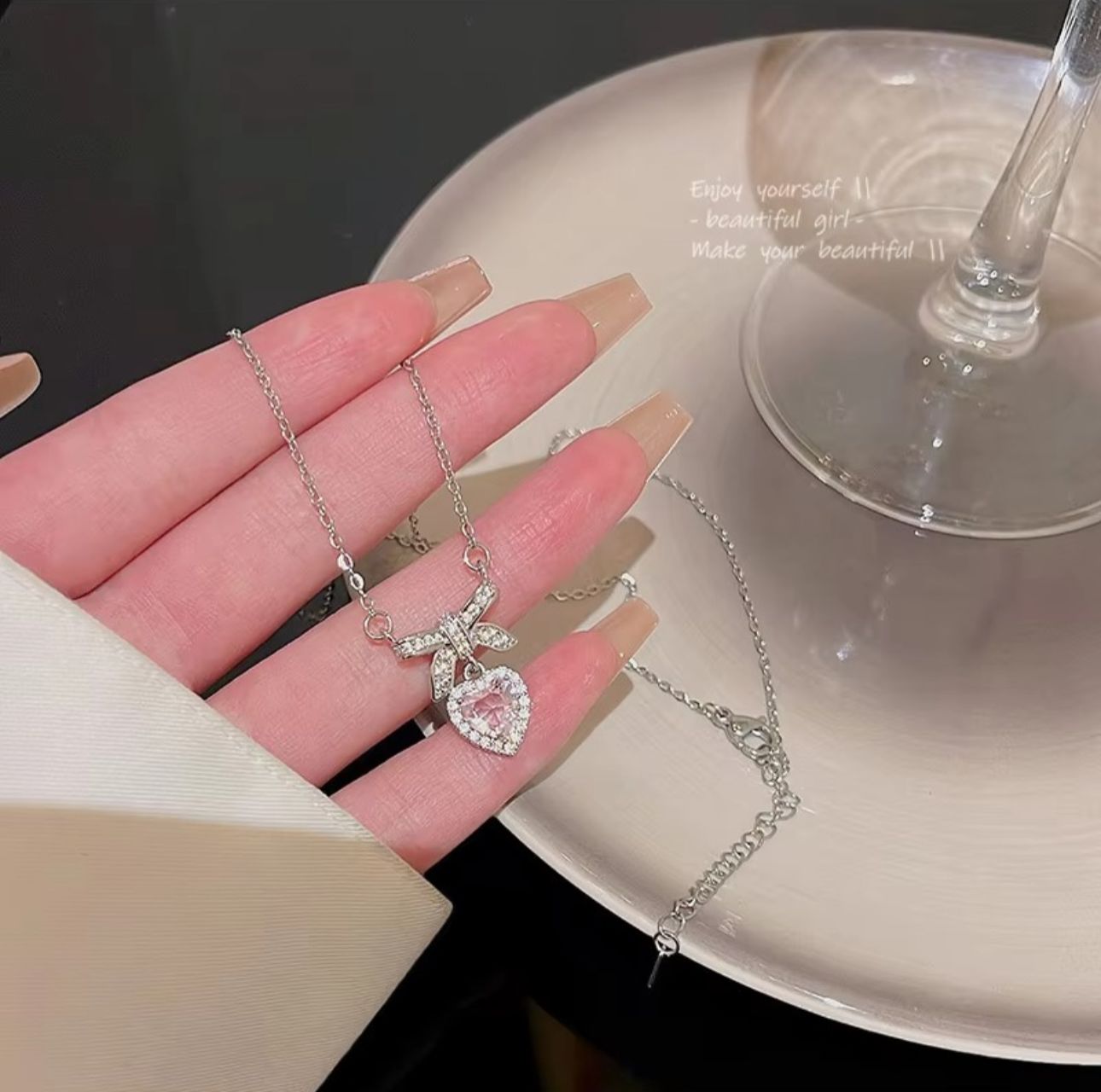 Pink Heart Bow know Korean Necklace - KE457