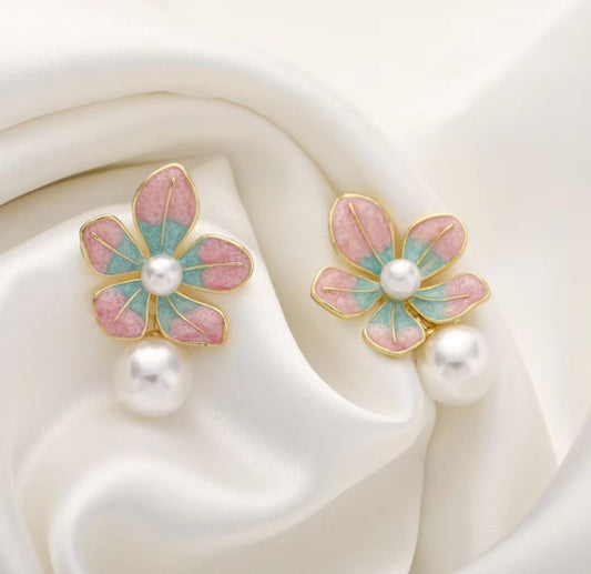 Sweet Oil Dropping Flower Paint Korean Earrings - KE458