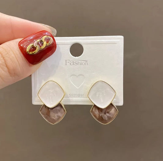 Dual Tone Enamel Geometric Earrings (Brown) - KE461