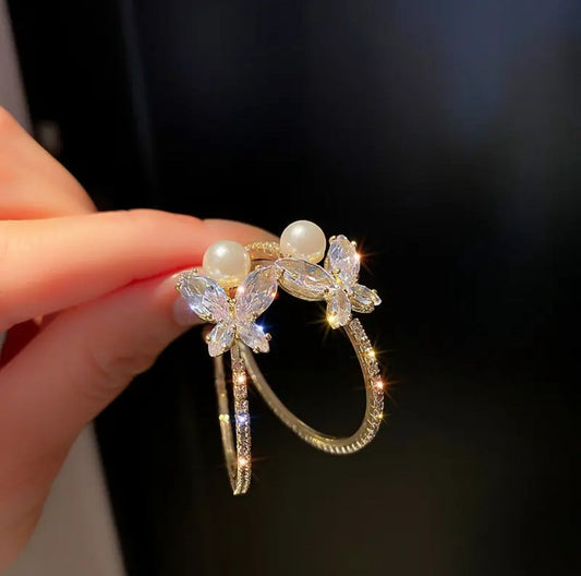 Crystal Butterfly Hoop Korean Earrings - KE462